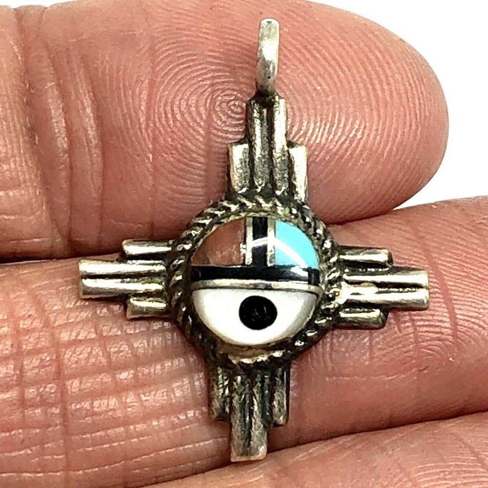 Sunface Zuni Pendant Turquoise Inlay Zia Symbol NM Coral Multi Stone Sterling‎
